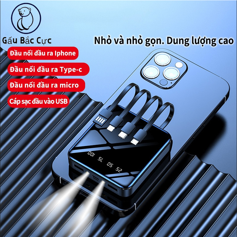 Sạc dự phòng dung lượng lớn 8000/20000MAh có đèn pin , màn hình led hiện thị phần trăm pin，Đi kèm với bốn cáp sạc