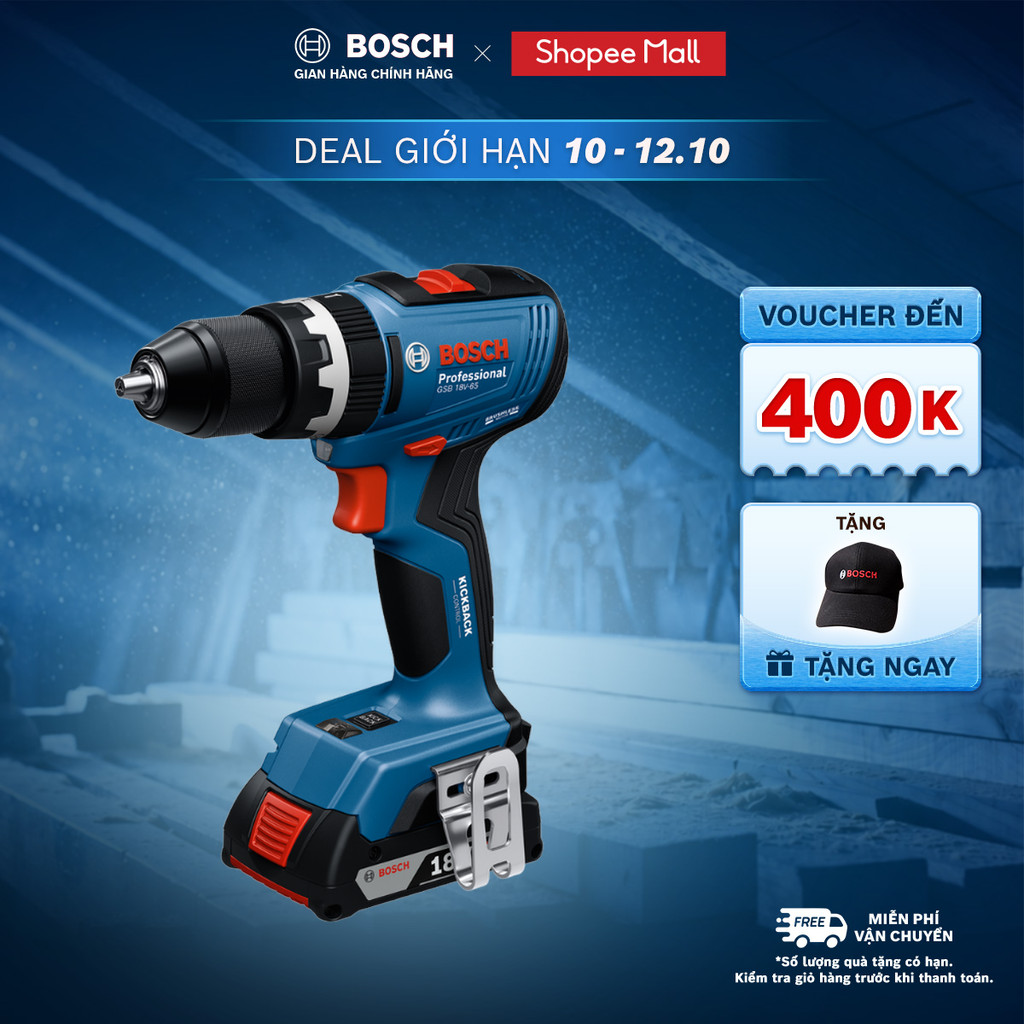 Máy khoan vặn vít động lực dùng pin Bosch GSB 18V-65 – Động cơ không chổi than Brushless, lực siết 65Nm