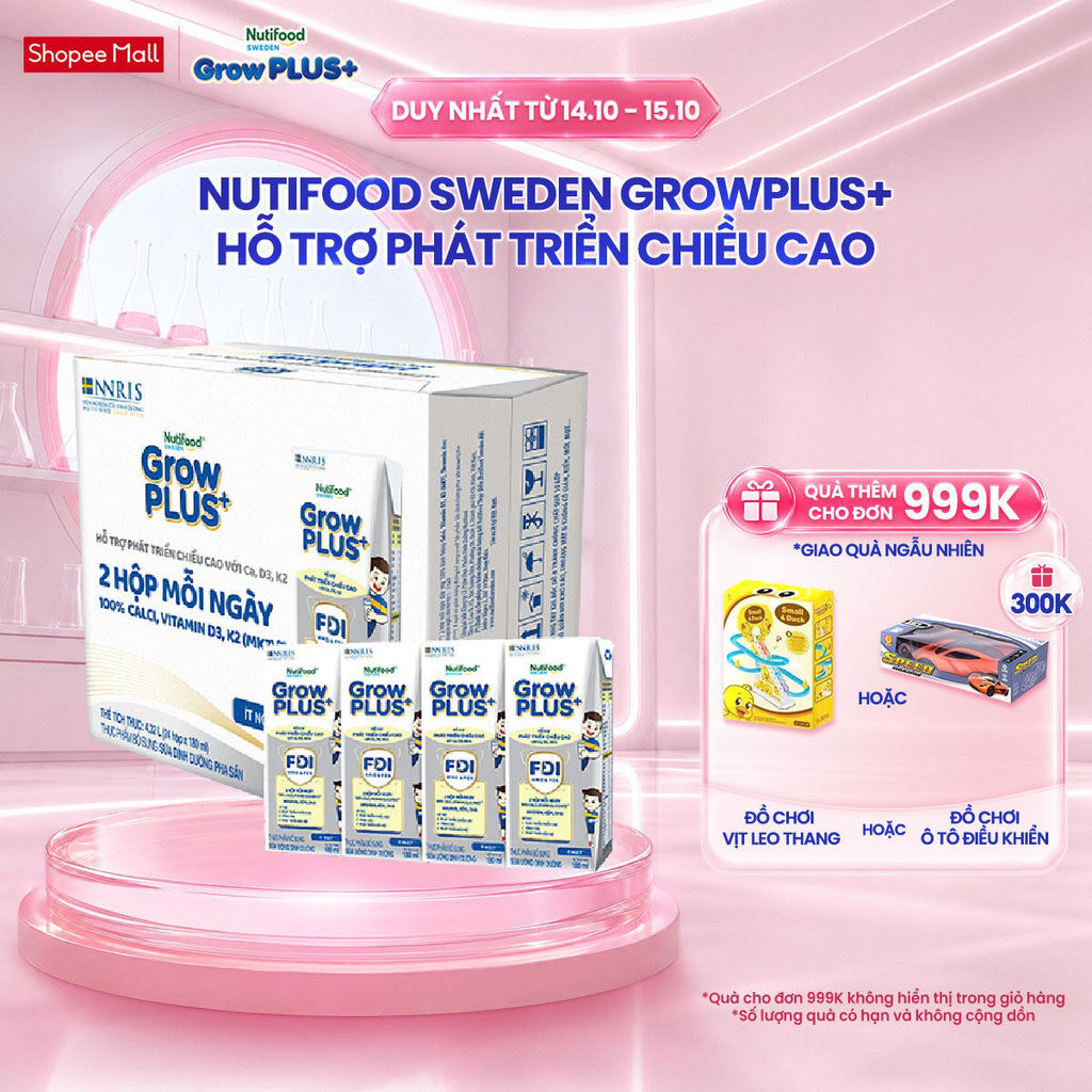 Thùng 24 hộp Sữa Bột Pha Sẵn Nutifood Sweden GrowPLUS+ Cao lớn vượt trội 24 hộp 180 ml