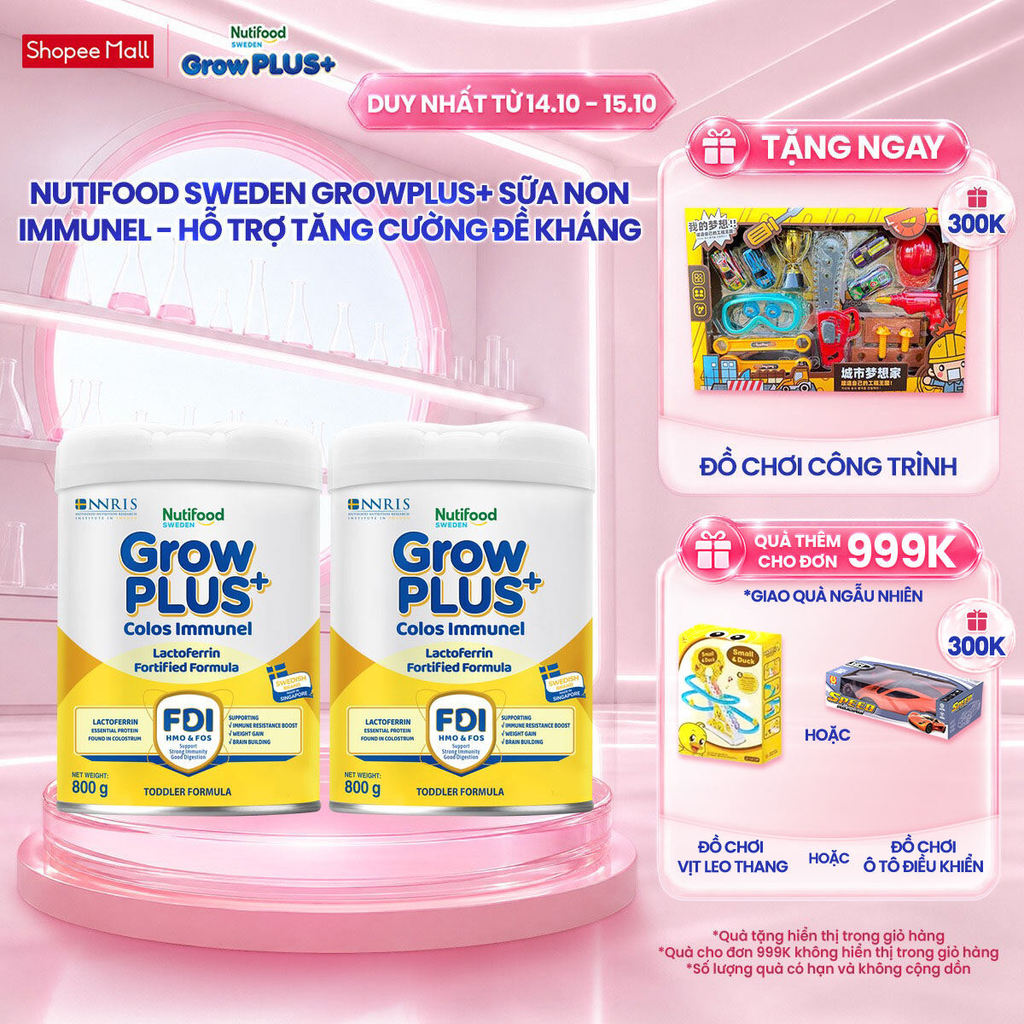 Combo 2 Sữa Bột Nutifood Sweden GrowPLUS+ Sữa Non Immunel lon 800 g (Bao bì tuỳ lô hàng)