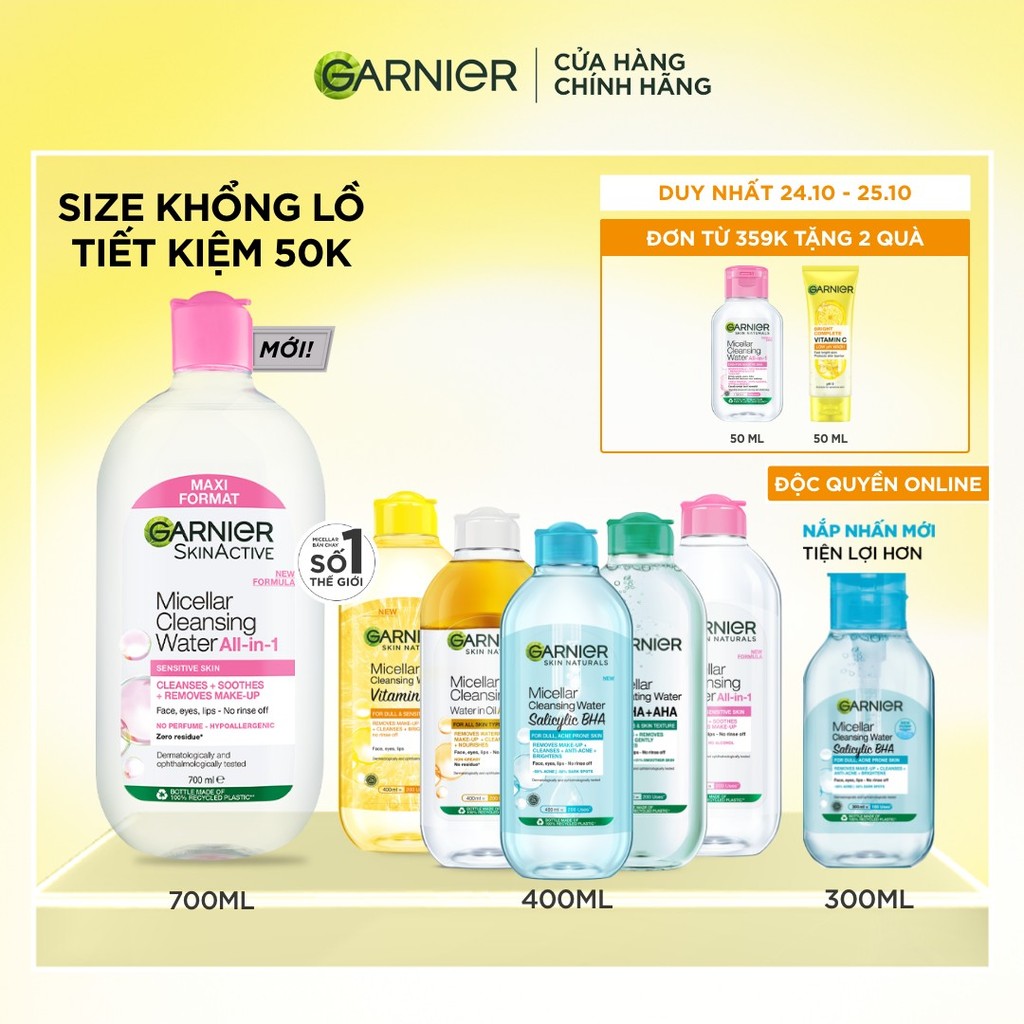 [CÓ SIZE MỚI] Nước Tẩy Trang làm sạch sâu dịu nhẹ cho mọi loại da - Garnier Micellar Cleansing Water 400ml & 700ml