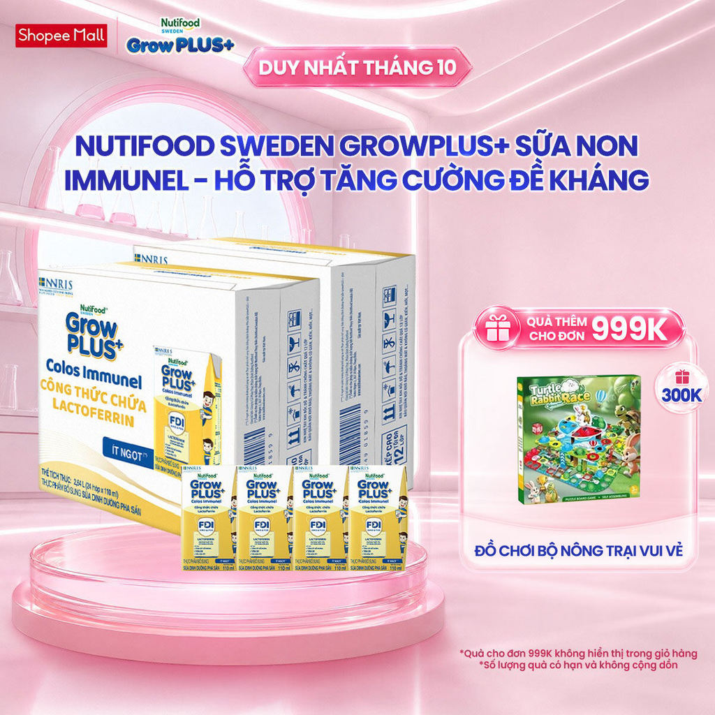 Combo 2 Thùng 24 hộp Sữa Bột Pha Sẵn Nutifood Sweden GrowPLUS+ Sữa Non Immunel hộp 110 ml (Bao bì tuỳ lô hàng)