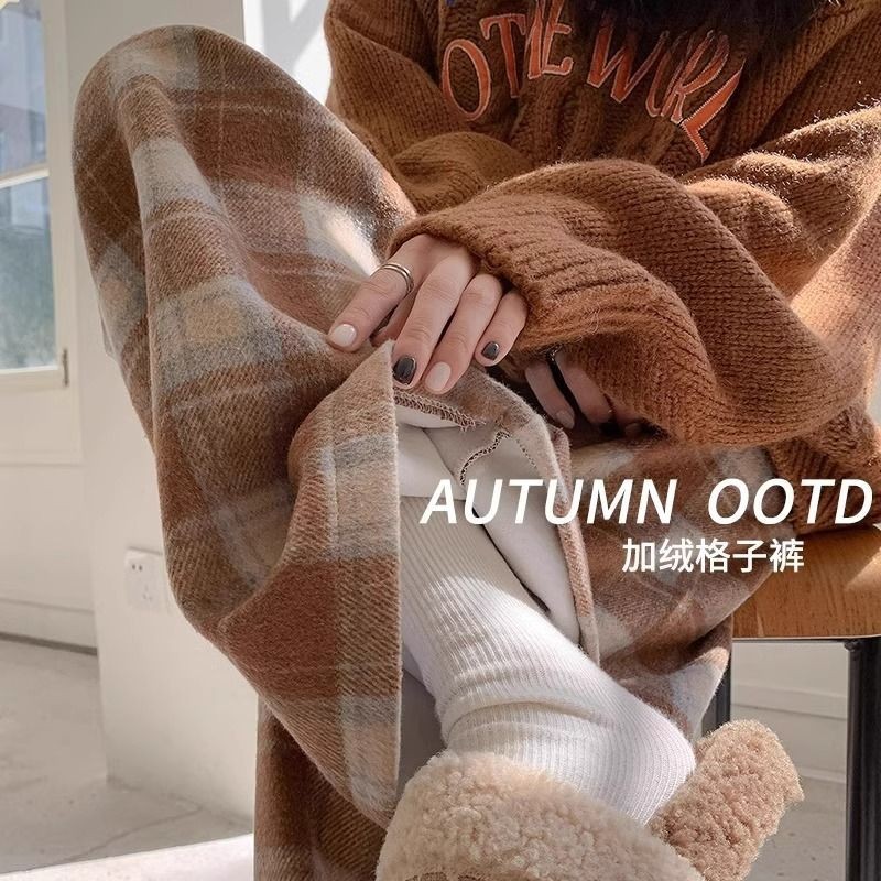 Quần ống rộng nữ thu đông lót lông cừu màu cà phê, phong cách cao cấp