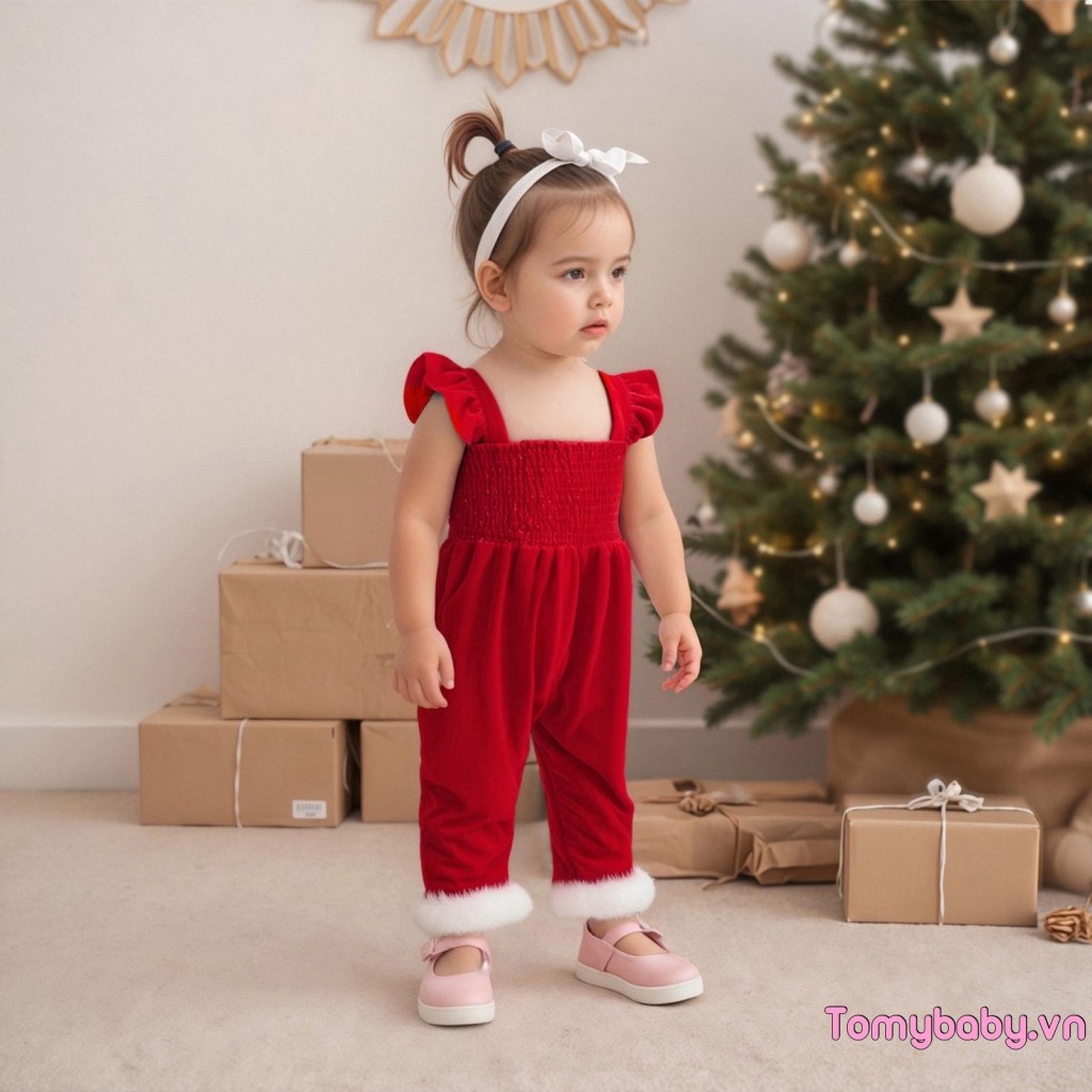 Quần yếm Giáng sinh cho bé gái mới biết đi Áo liền quần dài đầy đủ
