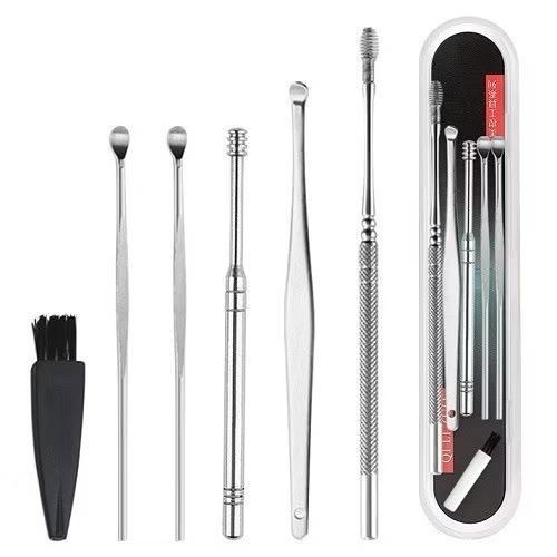 Bộ dụng cụ ráy tai 6 món, chất liệu Inox và gỗ sao an toàn, tiện lợi, dễ mang theo,Bộ lấy ráy tai, bộ ngoáy tai, dụng cụ