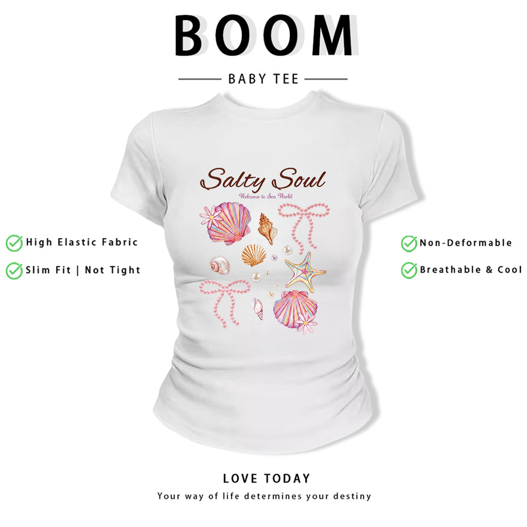 BOOM Áo Baby Tee Nữ Cotton Ôm Body-Áo Thun Ngắn Tay Y2K In Hình PhongCách Mùa Hè, Cổ Tròn Hàng Đầucách hàn quốc phong657