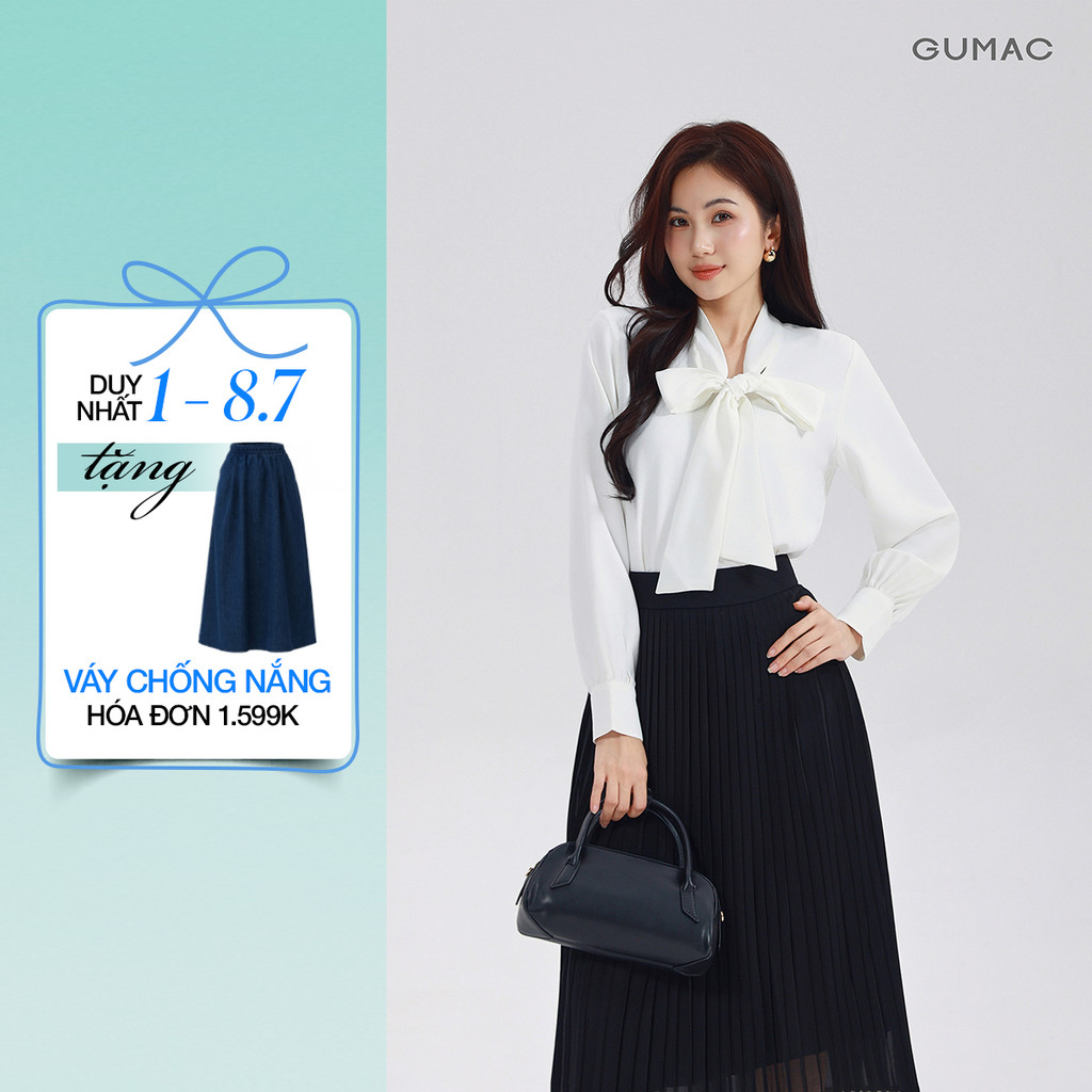 Áo Sơ Mi Nữ GUMAC Áo Kiểu Lụa Ý Tay Dài Cổ Thắt Nơ Form Suông Công Sở Thanh Lịch AF07029