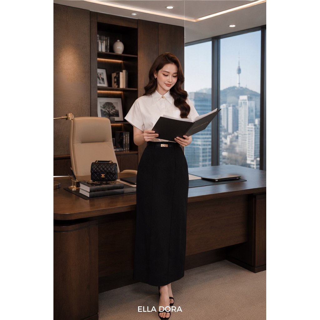 Áo sơ mi công sở nữ ELLA DORA ngắn tay nẹp giấu cúc form gọn tôn dáng thanh lịch màu TRẮNG [SM197]