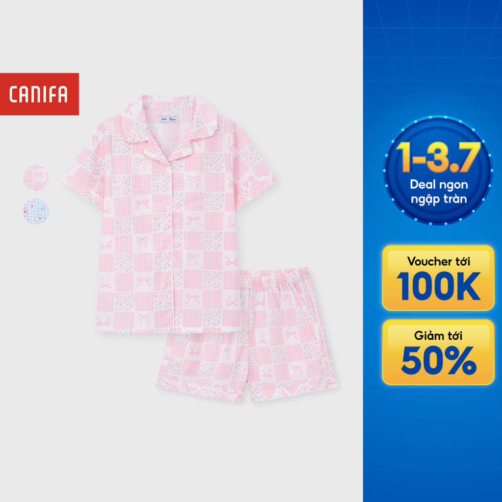 Bộ pyjama bé gái CANIFA bộ quần áo cộc tay mặc nhà chất cotton mềm mát in họa tiết 1LS26S008