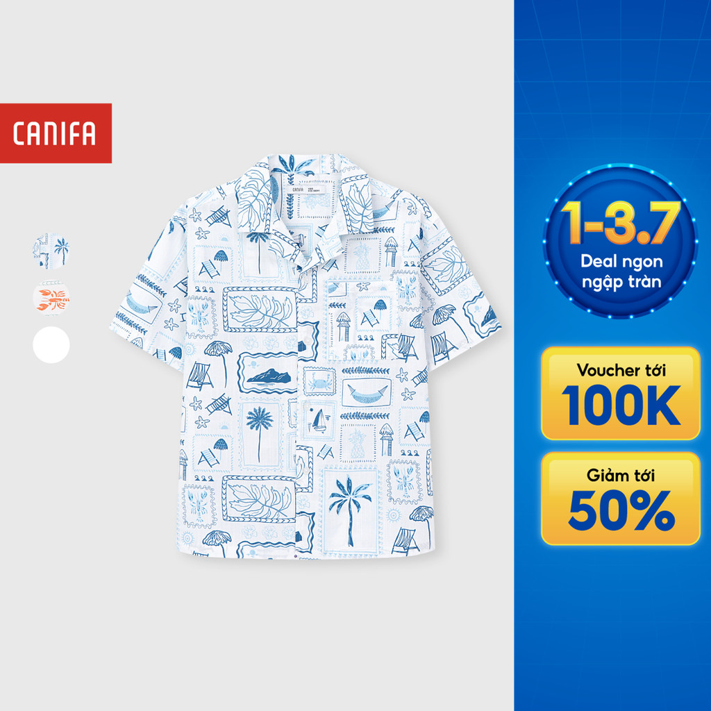 Áo sơ mi bé trai CANIFA cộc tay cổ bẻ in họa tiết chất cotton 100% mềm mịn thoáng mát 2TH26S001