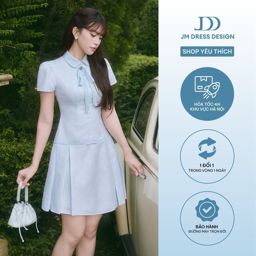 Đầm Xuân Hè Chân Xếp Ly Cổ Sen Phối Nơ 1S04.2601. Đầm Dáng A Mini Nữ Tính Thanh Lịch Phong Cách Retro Tiểu Thư By JM