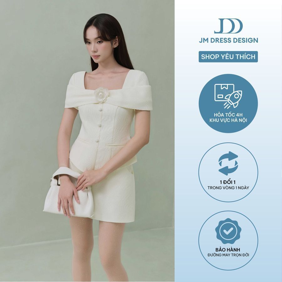 Set Áo Trễ Vai 1 Hàng Cúc Đính Hoa 2T36.2507K, Chân Váy Cạp Liền Có Đai 4S23.2507K - Set Công Sở Nữ Thanh Lịch Dự Tiệc