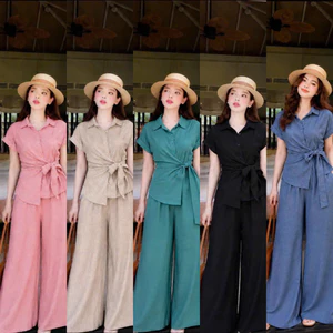 Set Bộ Quần Suông Áo Sơ Mi Thắt Nơ Eo Bigsize M-2XL Form Rộng Che Khuyết Điểm HIYU 66 STORE