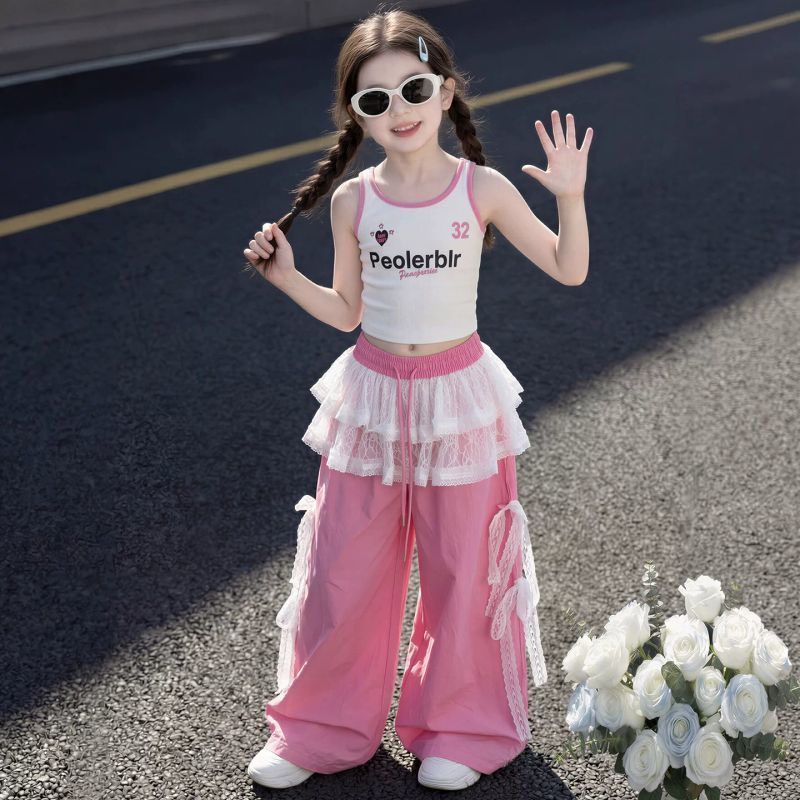 Pippikids- [A347] Bộ quần ống rộng vest bé gái, quần ren và ren lớn cho trẻ em bộ hai mảnh mùa hè
