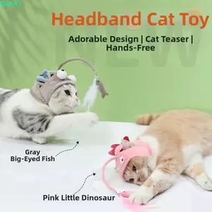 QEARY Cat Teaser Hat, Đồ chơi trêu ghẹo gắn trên đầu có thể điều chỉnh chống cắn, Đồ dùng cho mèo có lông vũ Tự giải trí Phim hoạt hình tương tác Cat Stick Pet Play