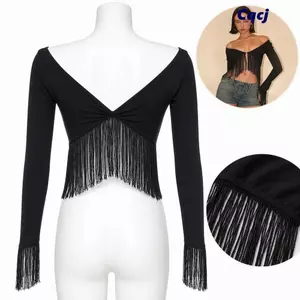 CQCJ Áo Crop top nữ, Áo thun nữ cổ chữ V, Slim Fit Tua Rua Viền viền không đều Trang phục dự tiệc
