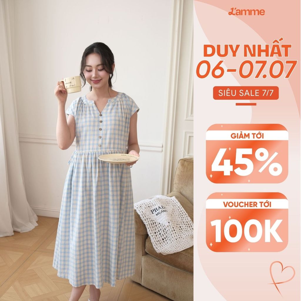Váy Bầu Karo Dress L'amme - Chất Thô Kẻ Họa Tiết Caro Trẻ Trung, Dáng Suông Rộng Che Bụng Hiệu Quả