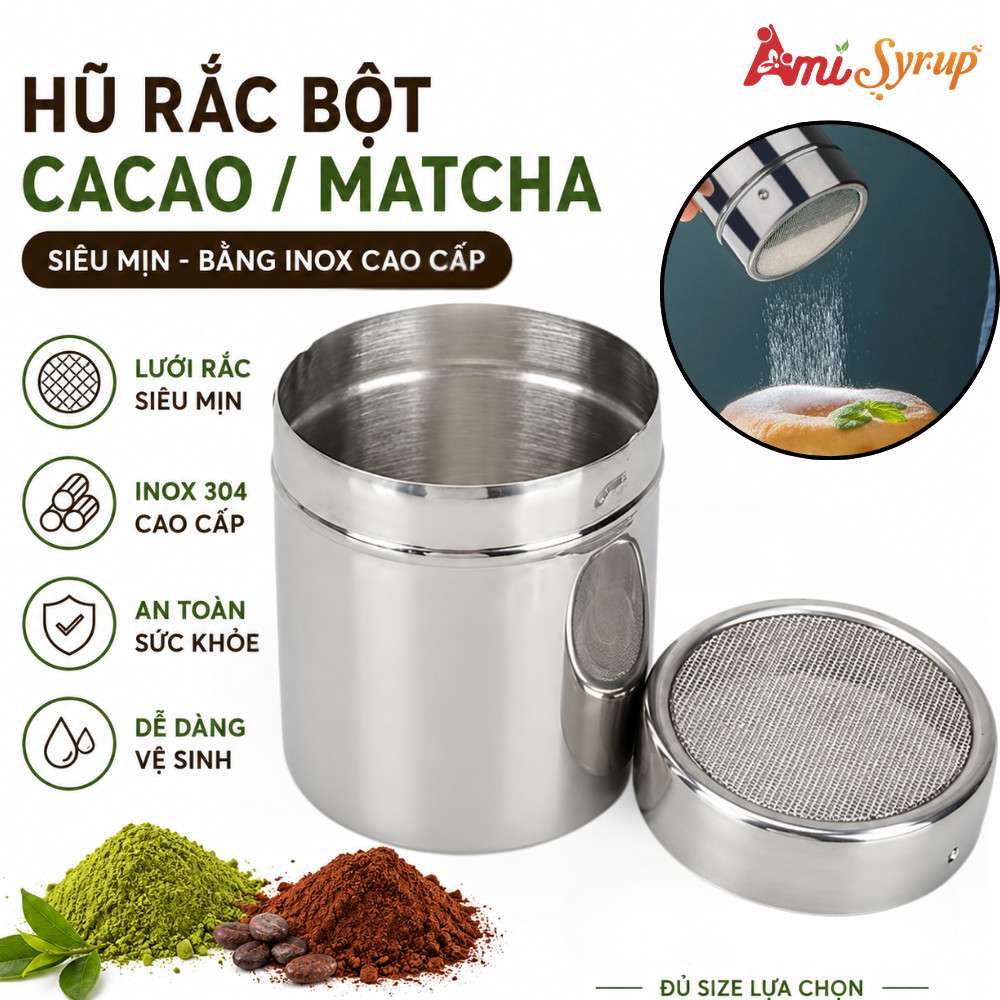 Hũ Rắc Bột Cacao/ Matcha Siêu Mịn Bằng Inox Đủ Size - Tiện Lợi, Nhỏ Gọn, Thẩm Mỹ