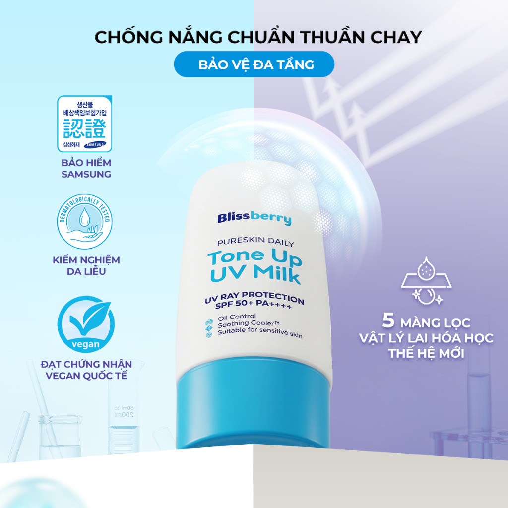 (DA DẦU MỤN) Kem Chống Nắng Nâng Tone Mát Dịu Kiềm Dầu Blissberry Tone Up UV Milk 60ml SPF 50+ PA++++