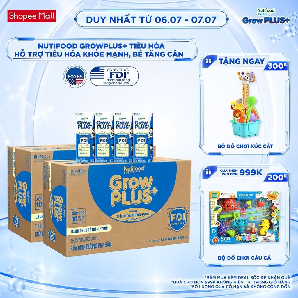 Combo 2 Sữa bột pha sẵn Nutifood Sweden GrowPLUS+ Tiêu Hóa (Xanh Nhạt) 2+ - Tiêu hóa khỏe, tăng cân (48 hộp x 180ml)