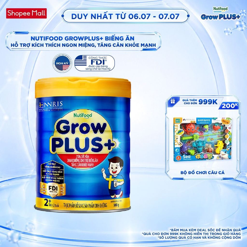 Sữa Bột Nutifood GrowPLUS+ Biếng Ăn (Xanh) 2+ - Tăng Cân Khỏe Mạnh (Lon 900g)