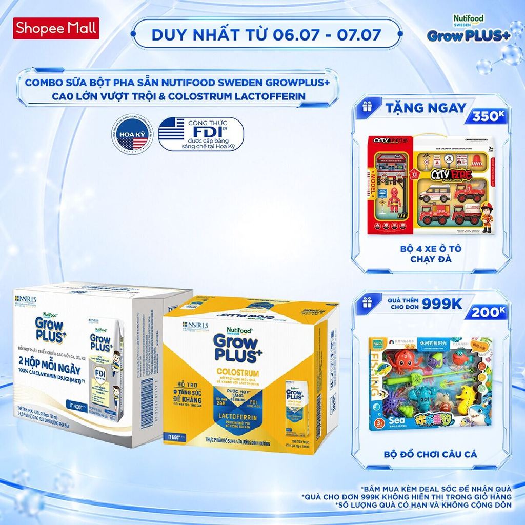 Combo 2 thùng 24 hộp Sữa bột pha sẵn GrowPLUS+ 180ml: Cao Lớn Vượt Trội + Colostrum Lactoferrin