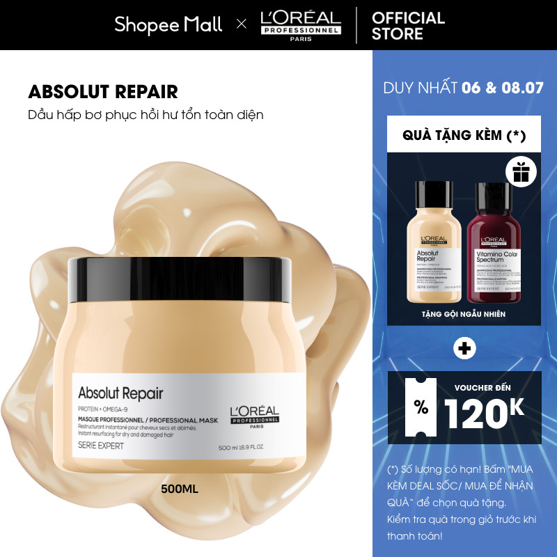 Mặt nạ bơ dành cho tóc hư tổn giúp phục hồi hư tổn toàn diện L'Oréal Professionnel Absolut Repair 250ml/500ml