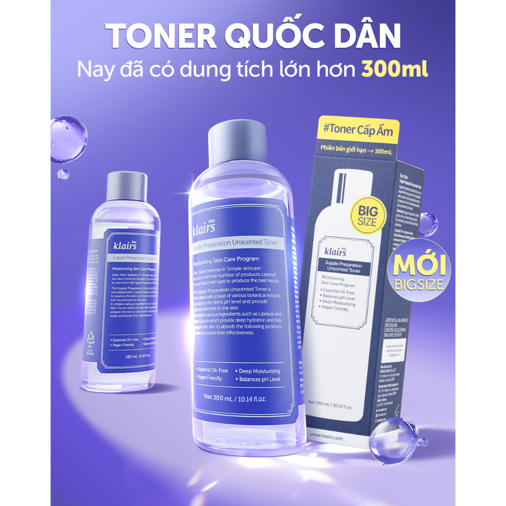 Nước hoa hồng Dear, Klairs Supple Preparation Unscented Toner hỗ trợ cấp ẩm 300ml [FS]