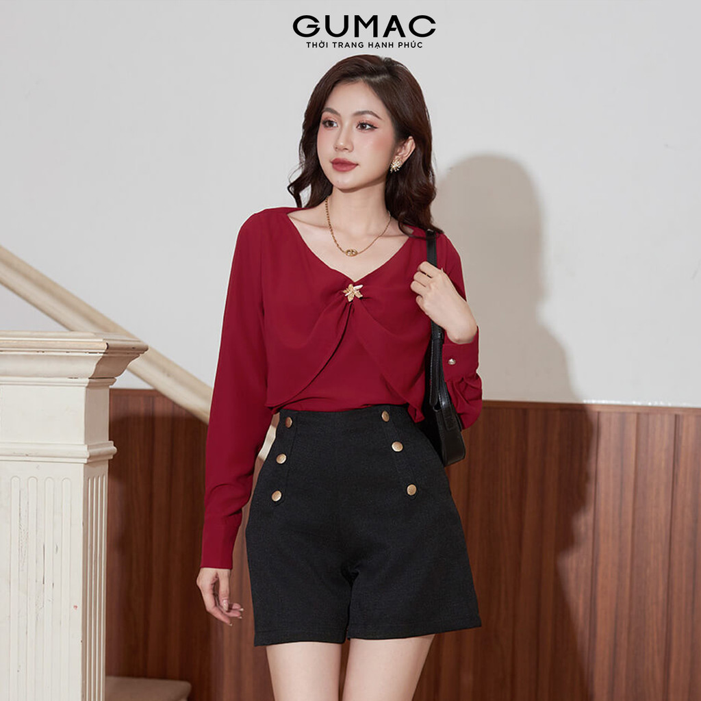 Áo Kiểu Nữ Tay Dài GUMAC Form Suông Cổ V Kèm Đính Phụ Kiện Trang Trí AE12069