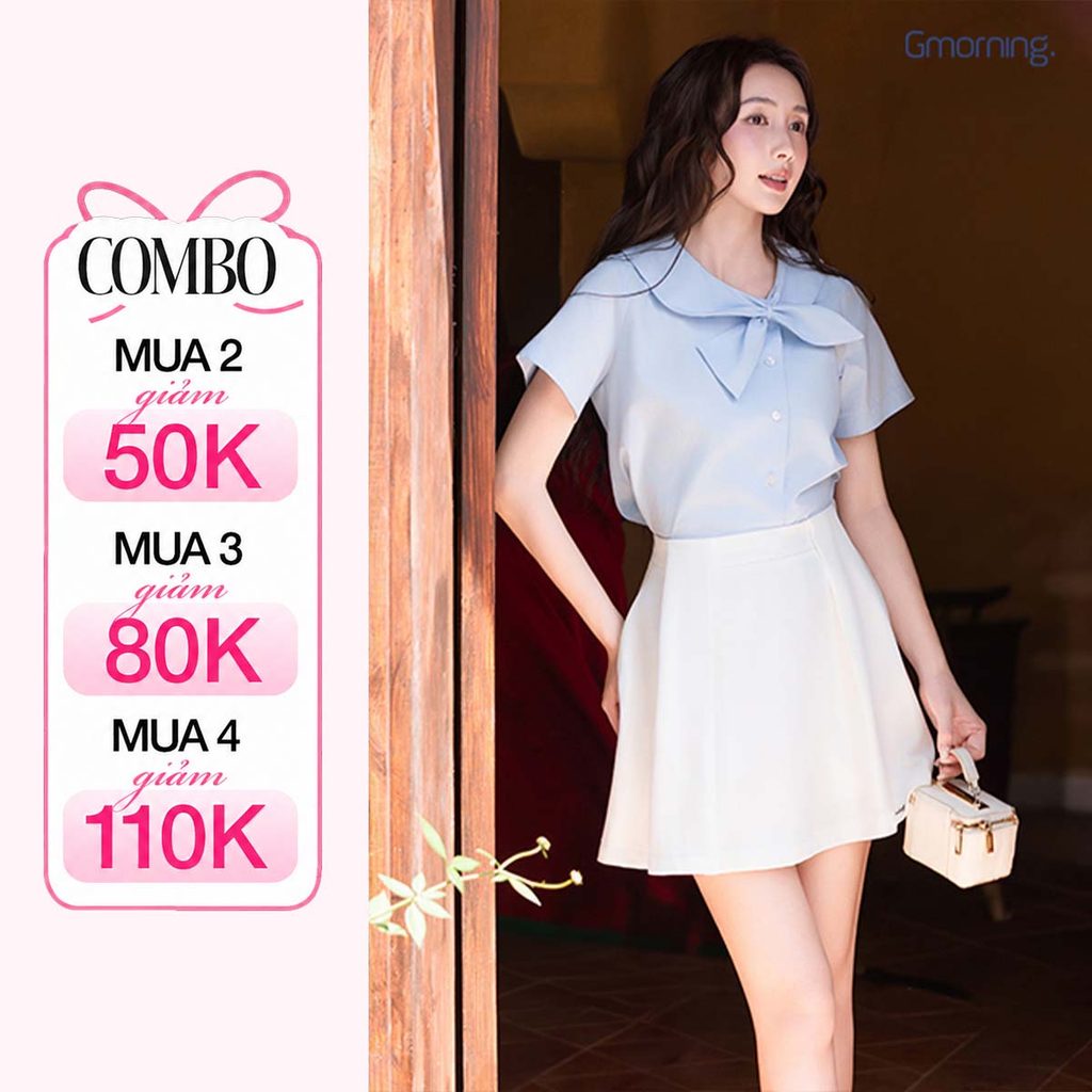 Áo Kiểu Nữ Tay Ngắn GMORNING Form Croptop Lửng Phối Cổ Cách Điệu Thắt Nơ Nút Cài Lệch Trẻ Trung YAG04080