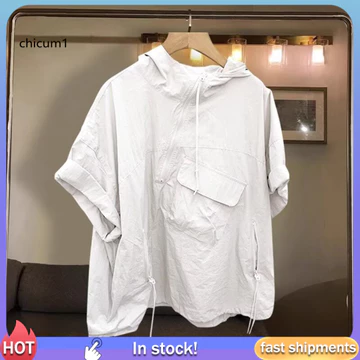 Chicu| Áo Hoodie nam mùa hè Áo Hoodie nam Hop Top mùa hè – Áo có dây kéo ngắn tay dáng rộng vừa vặn có dây đeo Túi nắp màu trơn Câu lạc bộ Áo sơ mi dự tiệc cho Đông Nam