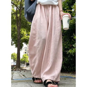 Quần Machete mát mẻ Vải Lanh Cotton Quần ống rộng Bóng bay màu hồng Quần ống rộng nữ mùa hè mỏng eo cao dáng rộng Quần lười biếng Quần vải lanh cotton thông thường nhỏ Quần Machete