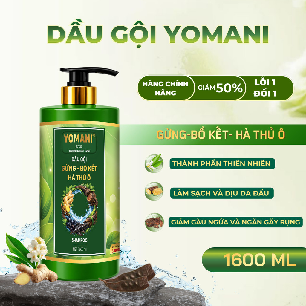 [CHAI LỚN 1600ML] Dầu Gội Gừng, Bồ Kết & Hà Thủ Ô YOMANI- Giảm Gàu, Ngứa Da Đầu, Hỗ Trợ Mọc Tóc, An Toàn Lành Tính