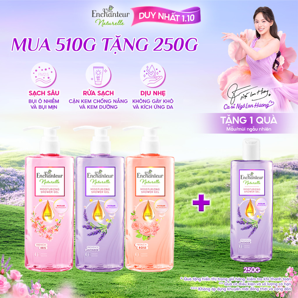 [TẶNG CHAI 250G] Sữa tắm dưỡng da thiên nhiên Pháp Enchanteur Naturelle hương Lavender/Iris/ Rose 510g (mùingẫunhiên)