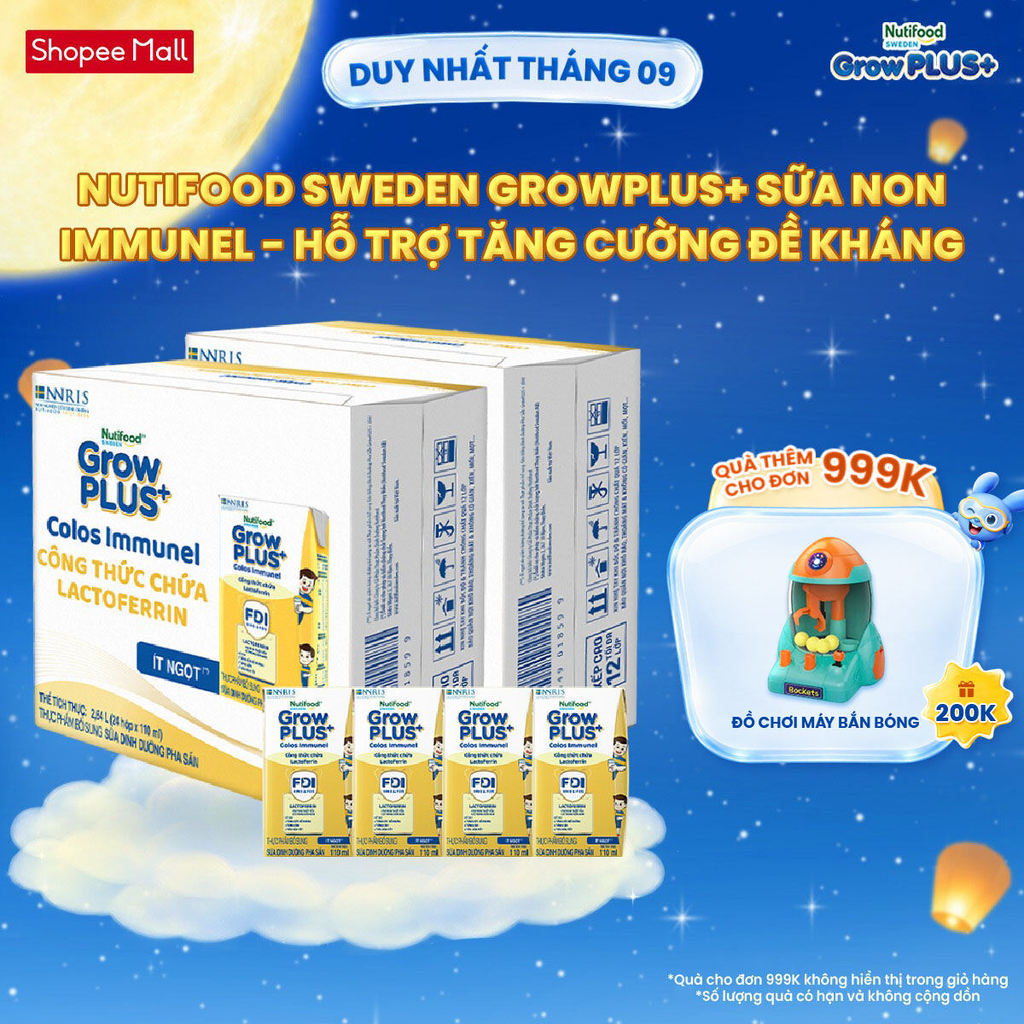 Combo 2 Thùng 24 hộp Sữa Bột Pha Sẵn Nutifood Sweden GrowPLUS+ Sữa Non Immunel hộp 110 ml (Bao bì tuỳ lô hàng)