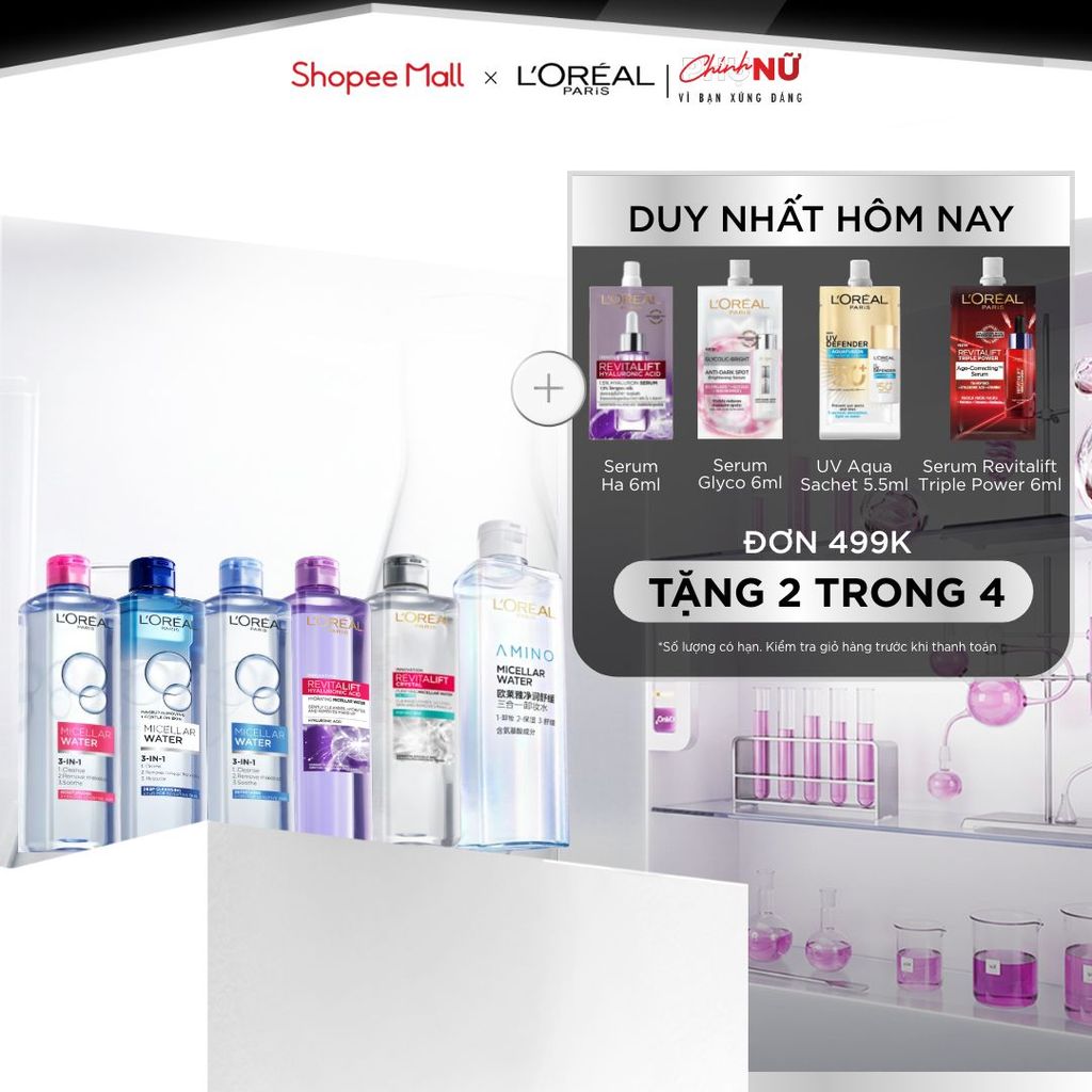 [AMINO MICELLAR MỚI] Nước tẩy trang làm sạch sâu, loại bỏ bụi bẩn & trang điểm 3-in-1 L'Oreal Paris Micellar Water 400ml