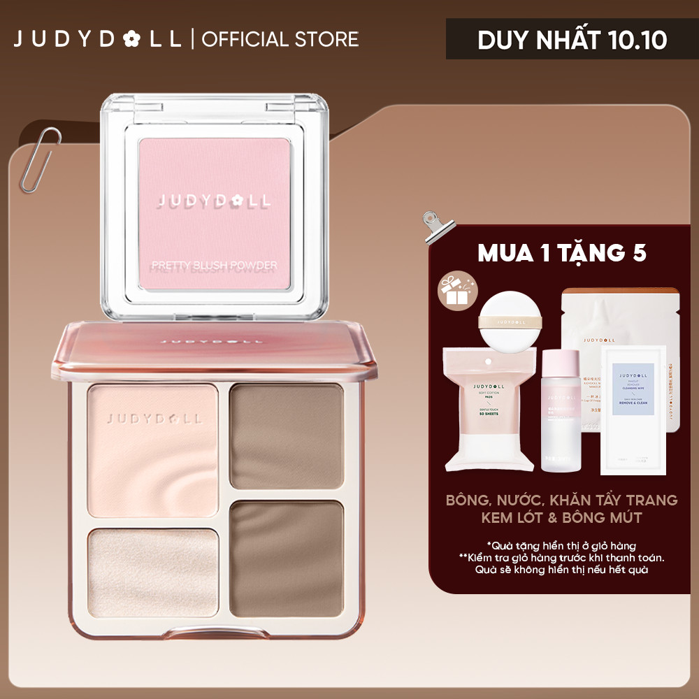 [Combo 2] Bảng Tạo Khối Bắt Sáng Highlight JUDYDOLL 4 Ô Thời Thượng & Phấn Má Hồng Đơn Sắc Tự Nhiên Đa Năng