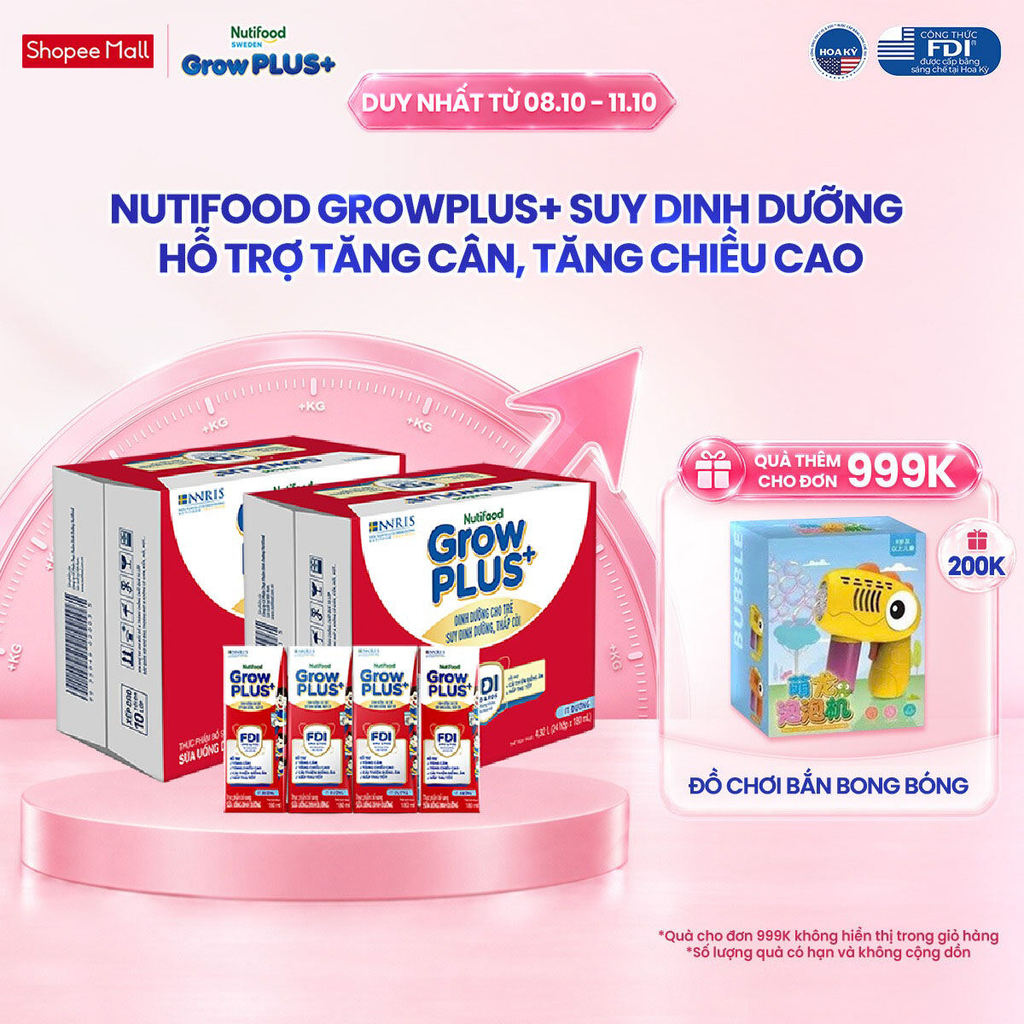 Thùng SBPS Nutifood GrowPLUS+ ít đường Suy Dinh Dưỡng - Tăng Cân, Tăng Chiều Cao (48 Hộp x 180ml) (Bao bì tùy lô hàng)