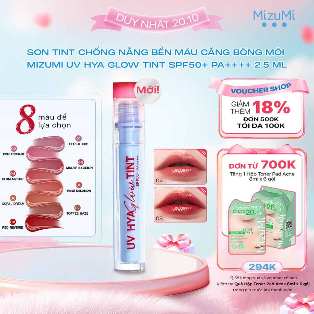 [MỚI] Son tint chống nắng bền màu căng bóng môi MizuMi UV Hya Glow Tint SPF50+ PA++++ 2.5 ml