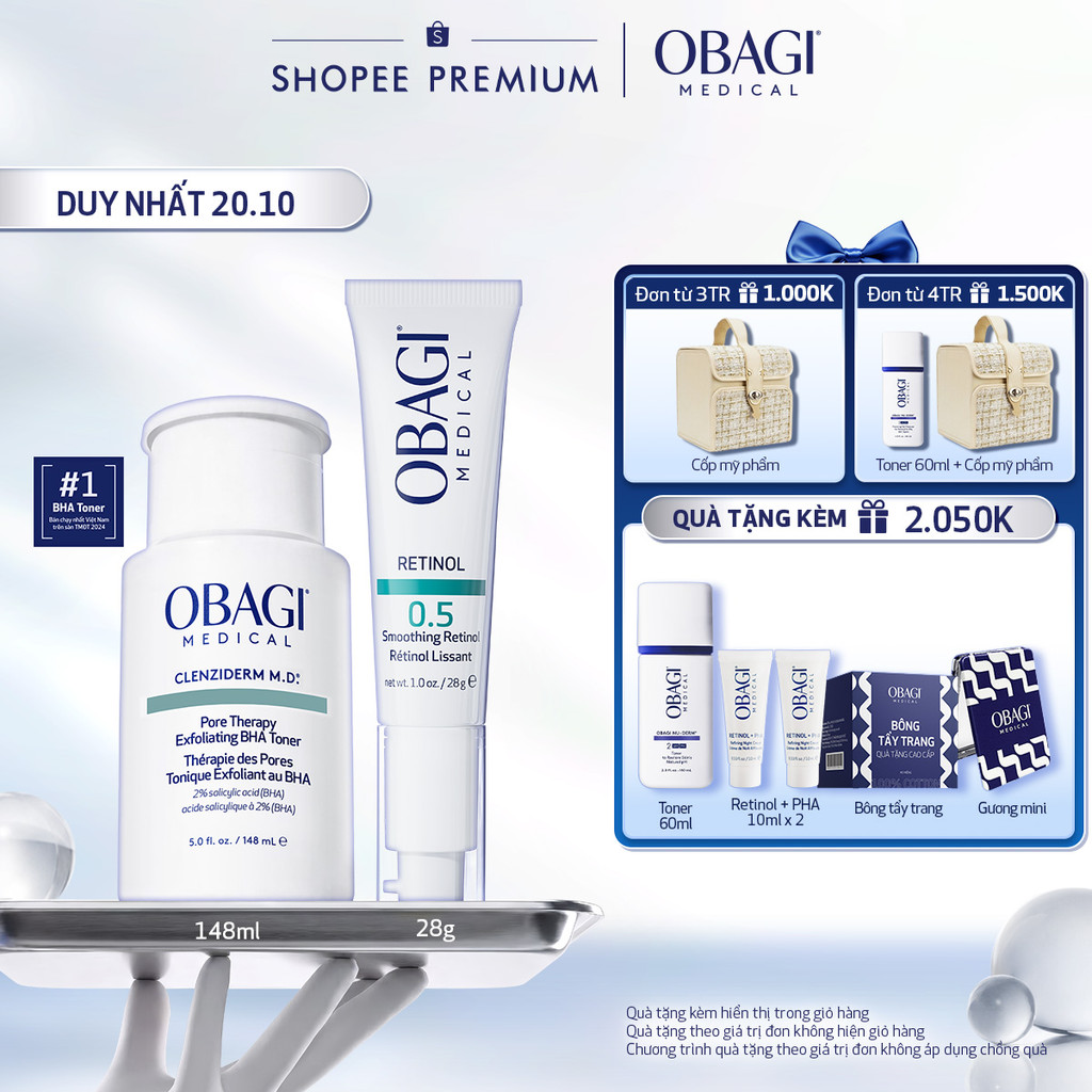 Bộ đôi dưỡng da Dung dịch Obagi Clenziderm M.D BHA Toner 148ml và Kem Dưỡng Đêm Obagi Retinol 0.5 (28g)