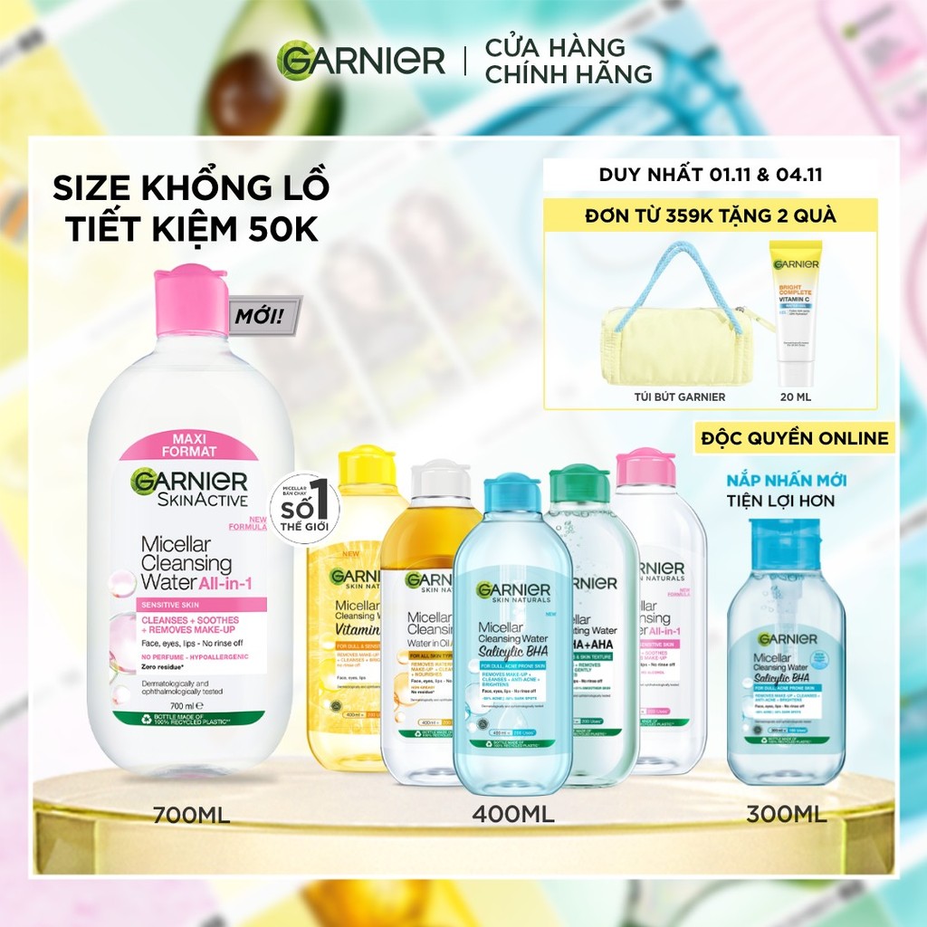 [CÓ SIZE MỚI] Nước Tẩy Trang làm sạch sâu dịu nhẹ cho mọi loại da - Garnier Micellar Cleansing Water 400ml & 700ml