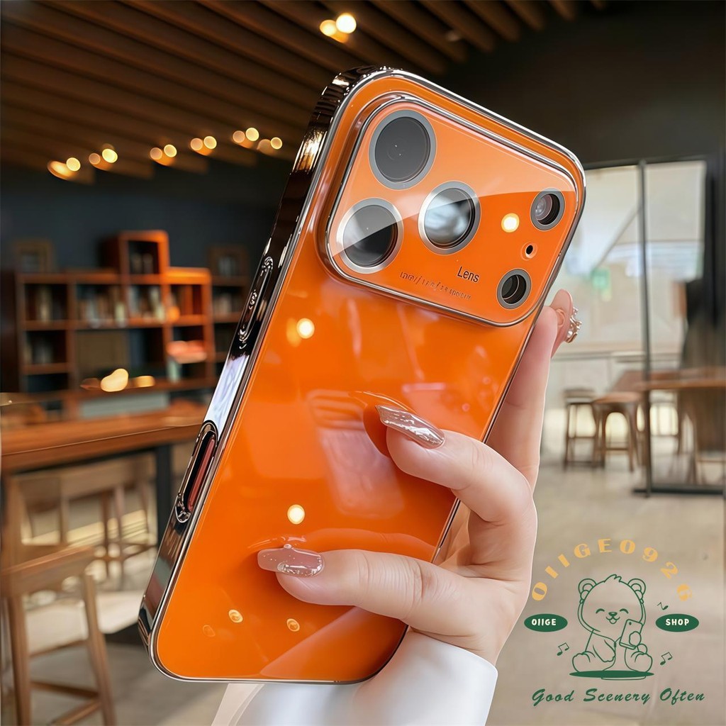 【 Ốp lưng iPhone17 】 Vỏ điện thoại mạ kính pha lê đá màu cam iphone17 Pro Max 16 15 14 13 cho vỏ iPhone Vỏ mềm silicon TPU chống sốc