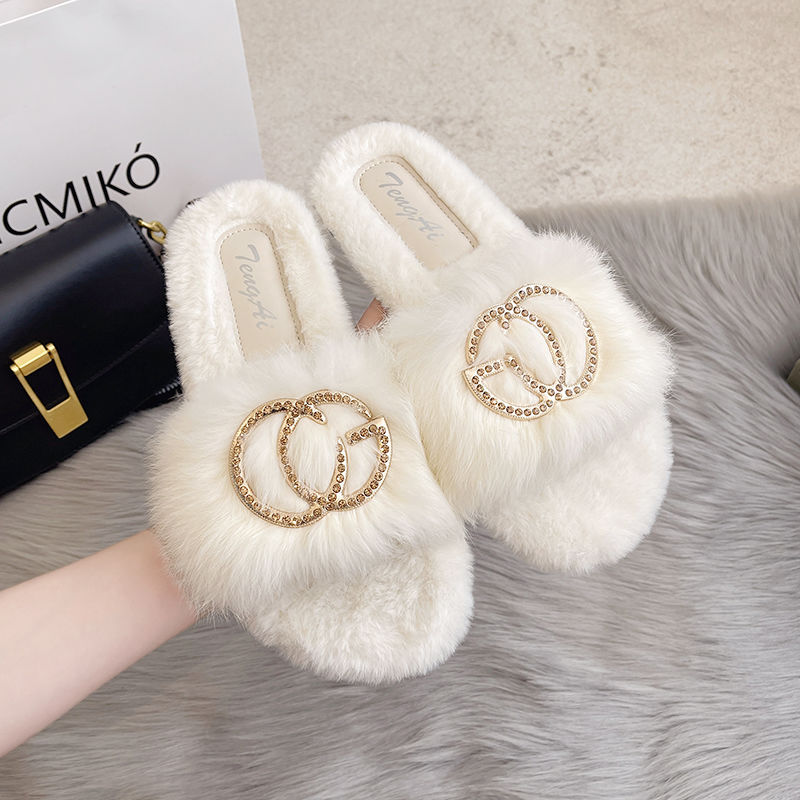 Dép Lông Thỏ Thật Nữ Mặc Ngoài Siêu Thu Đông Phù Hợp Với Giày Cotton Cổ Tích Phẳng Hợp Thời Trang.20251018
