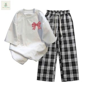 Tổng hợp các sét bộ quần caro đen+mix áo phông form rộng -hình NƠ  KẺ CARO ĐỎ-thubaquanao