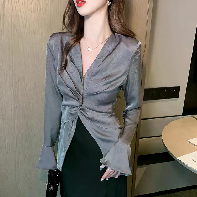 Áo Sơ Mi Acetate Satin Cho Nữ Mùa Thu Hàn Quốc Xoắn Xếp Ly Cổ Chữ V