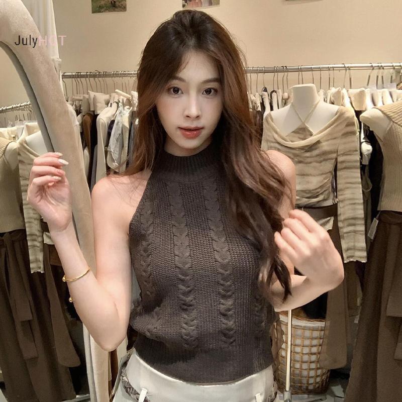 Áovest nữ form slim vừa vặn và co giãn, dây cổ dệt kim, thời trang hiện đại