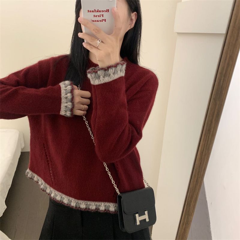 Áo len sơ mi ren đan phong cách phương Tây ngọt ngào, thu đông, thiết kế độc đáo