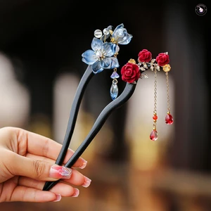 Gậy buộc tóc bằng gỗ có tua rua - Trang trí hoa tráng men cho nữ bé gái