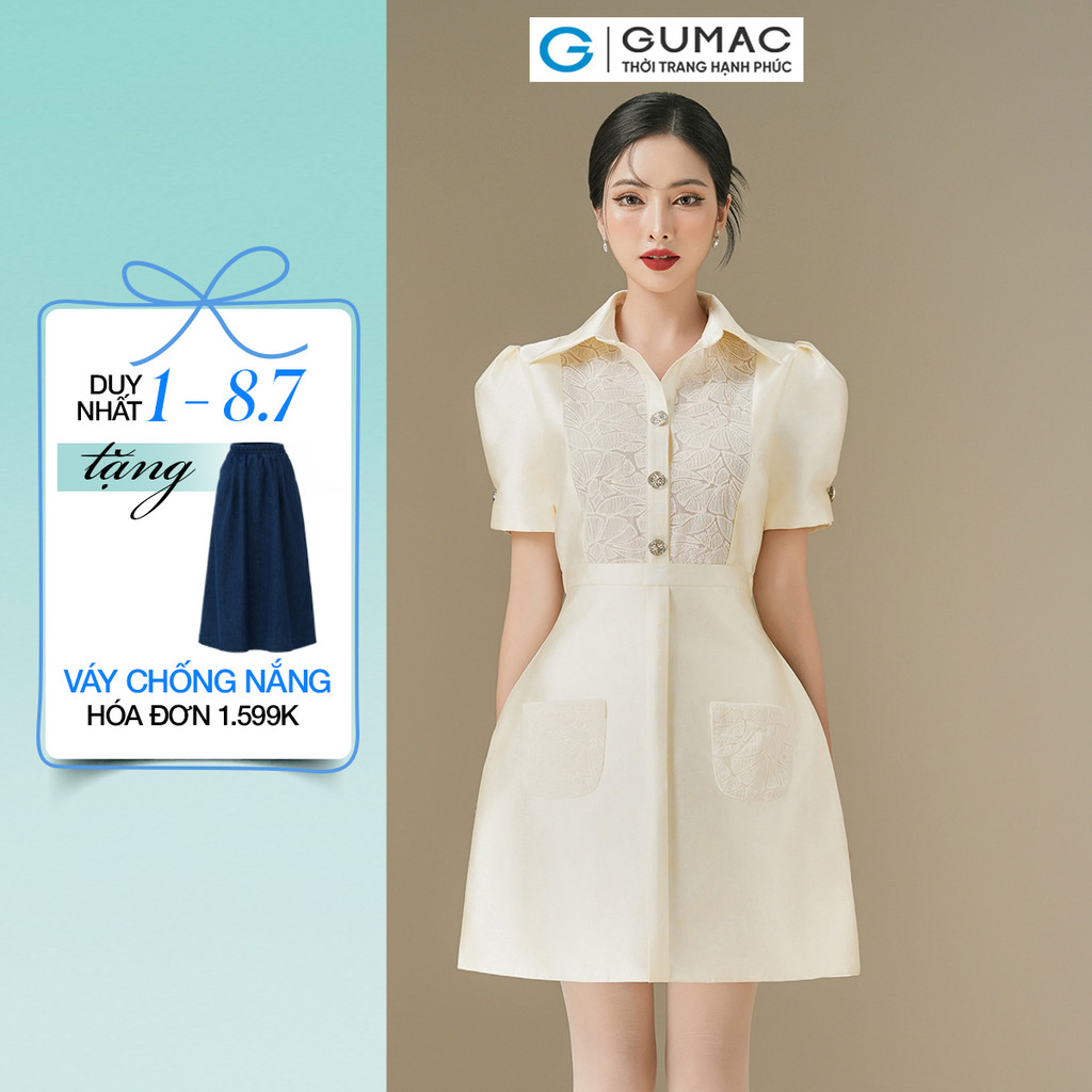 [SALE] Đầm Nữ Form A GUMAC 2 Túi Ốp Phối Ren Tay Ngắn Phồng Đính Nút Sang Trọng DE06015
