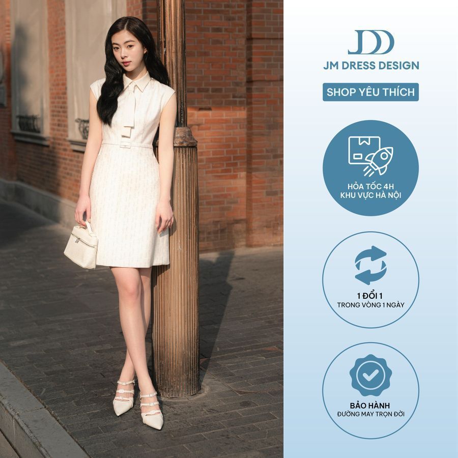 Đầm Xuân Hè Cổ Đức Tay Chờm Cổ Buộc Nơ 1S13.2601. Đầm Dáng A Monogram Thanh Lịch, Đầm Công Sở Phong Cách Preppy JM Dress